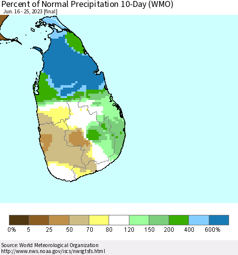 Sri Lanka Percent of Normal Precipitation 10-Day (WMO) Thematic Map For 6/16/2023 - 6/25/2023