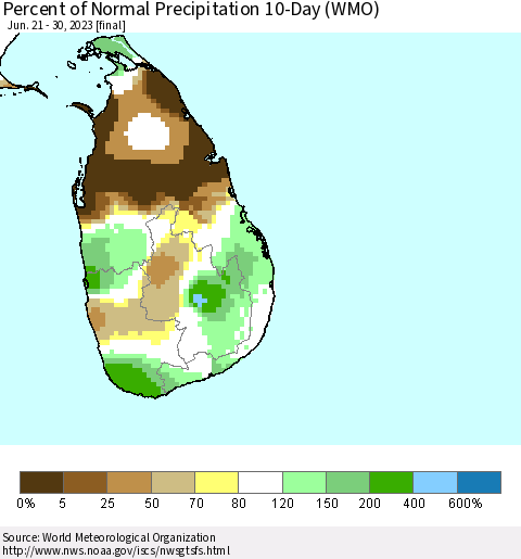Sri Lanka Percent of Normal Precipitation 10-Day (WMO) Thematic Map For 6/21/2023 - 6/30/2023