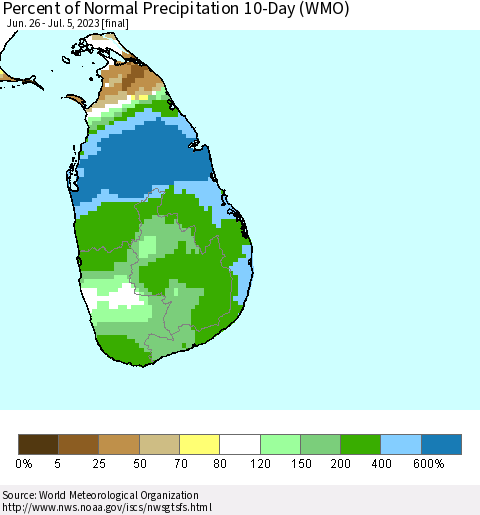 Sri Lanka Percent of Normal Precipitation 10-Day (WMO) Thematic Map For 6/26/2023 - 7/5/2023