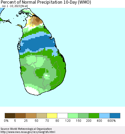 Sri Lanka Percent of Normal Precipitation 10-Day (WMO) Thematic Map For 7/1/2023 - 7/10/2023