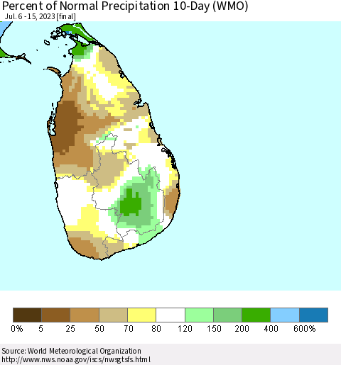 Sri Lanka Percent of Normal Precipitation 10-Day (WMO) Thematic Map For 7/6/2023 - 7/15/2023