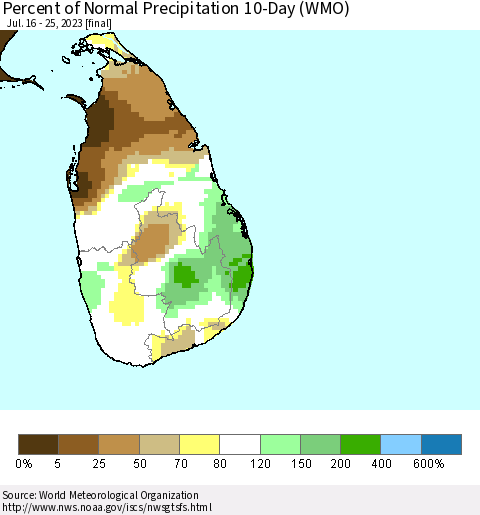 Sri Lanka Percent of Normal Precipitation 10-Day (WMO) Thematic Map For 7/16/2023 - 7/25/2023