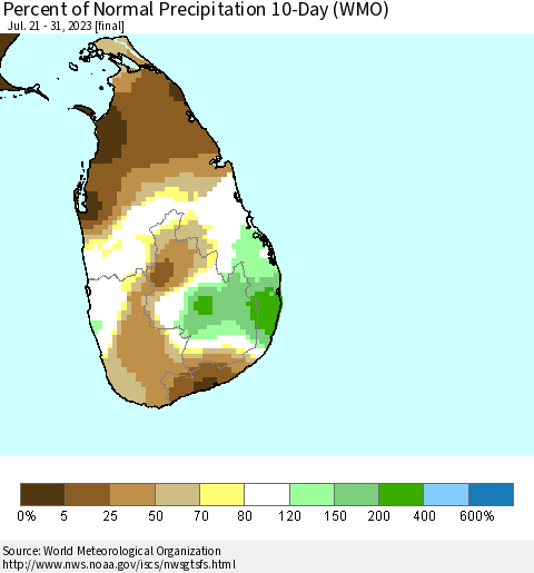 Sri Lanka Percent of Normal Precipitation 10-Day (WMO) Thematic Map For 7/21/2023 - 7/31/2023