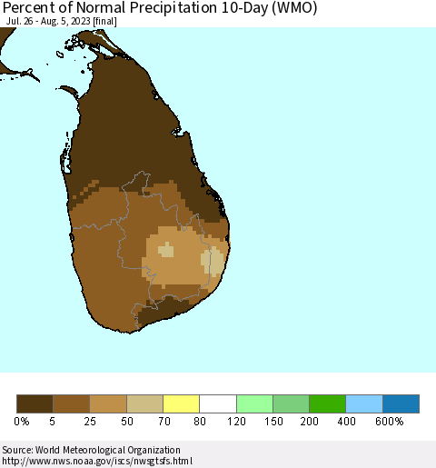 Sri Lanka Percent of Normal Precipitation 10-Day (WMO) Thematic Map For 7/26/2023 - 8/5/2023
