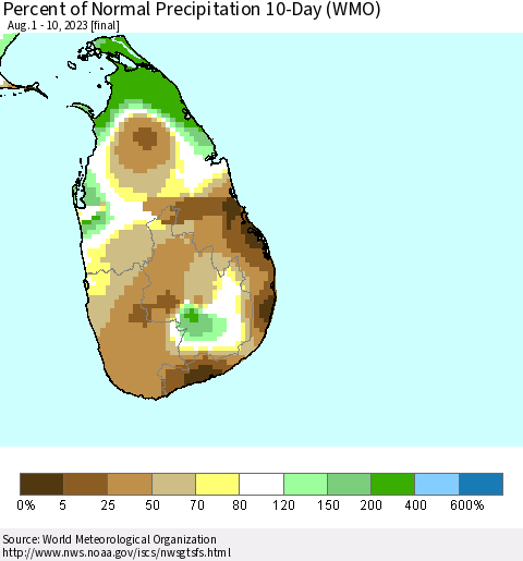 Sri Lanka Percent of Normal Precipitation 10-Day (WMO) Thematic Map For 8/1/2023 - 8/10/2023