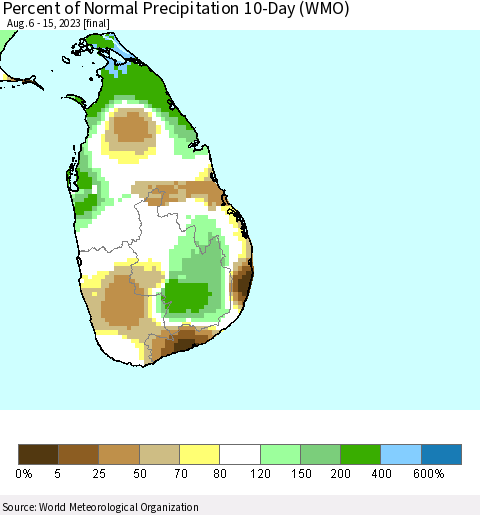 Sri Lanka Percent of Normal Precipitation 10-Day (WMO) Thematic Map For 8/6/2023 - 8/15/2023
