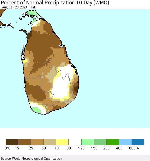 Sri Lanka Percent of Normal Precipitation 10-Day (WMO) Thematic Map For 8/11/2023 - 8/20/2023