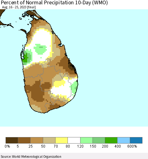 Sri Lanka Percent of Normal Precipitation 10-Day (WMO) Thematic Map For 8/16/2023 - 8/25/2023