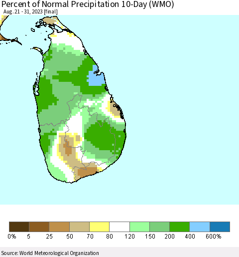 Sri Lanka Percent of Normal Precipitation 10-Day (WMO) Thematic Map For 8/21/2023 - 8/31/2023