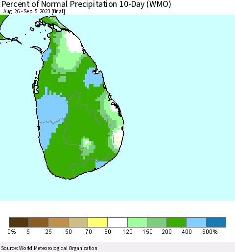 Sri Lanka Percent of Normal Precipitation 10-Day (WMO) Thematic Map For 8/26/2023 - 9/5/2023