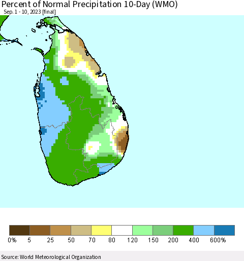 Sri Lanka Percent of Normal Precipitation 10-Day (WMO) Thematic Map For 9/1/2023 - 9/10/2023