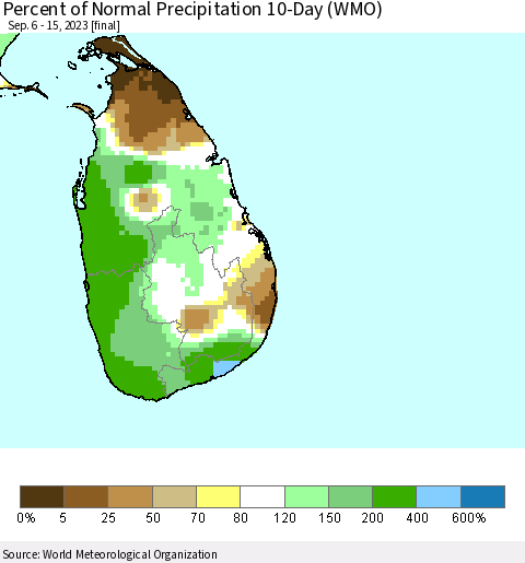 Sri Lanka Percent of Normal Precipitation 10-Day (WMO) Thematic Map For 9/6/2023 - 9/15/2023