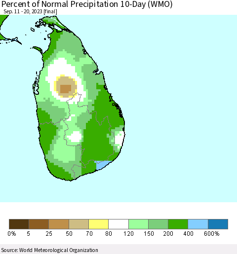Sri Lanka Percent of Normal Precipitation 10-Day (WMO) Thematic Map For 9/11/2023 - 9/20/2023