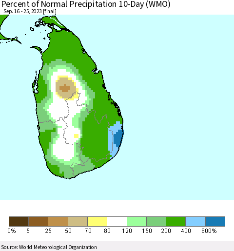 Sri Lanka Percent of Normal Precipitation 10-Day (WMO) Thematic Map For 9/16/2023 - 9/25/2023