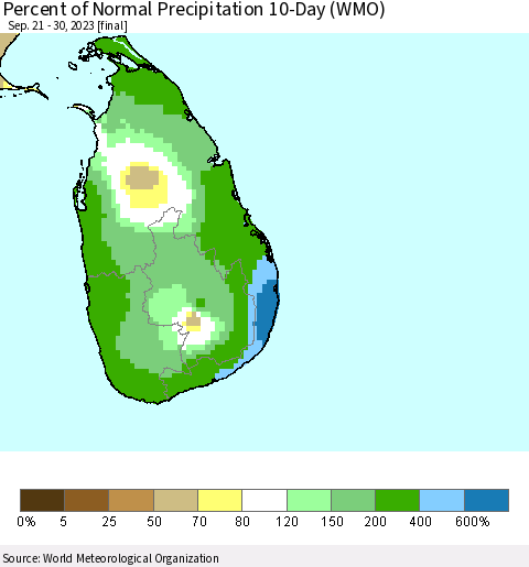 Sri Lanka Percent of Normal Precipitation 10-Day (WMO) Thematic Map For 9/21/2023 - 9/30/2023