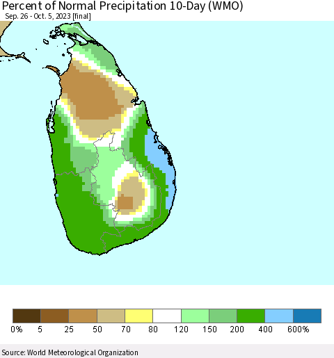 Sri Lanka Percent of Normal Precipitation 10-Day (WMO) Thematic Map For 9/26/2023 - 10/5/2023