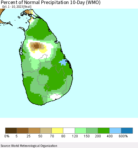 Sri Lanka Percent of Normal Precipitation 10-Day (WMO) Thematic Map For 10/1/2023 - 10/10/2023