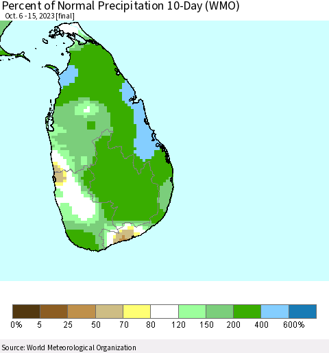 Sri Lanka Percent of Normal Precipitation 10-Day (WMO) Thematic Map For 10/6/2023 - 10/15/2023