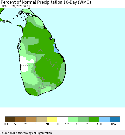 Sri Lanka Percent of Normal Precipitation 10-Day (WMO) Thematic Map For 10/11/2023 - 10/20/2023