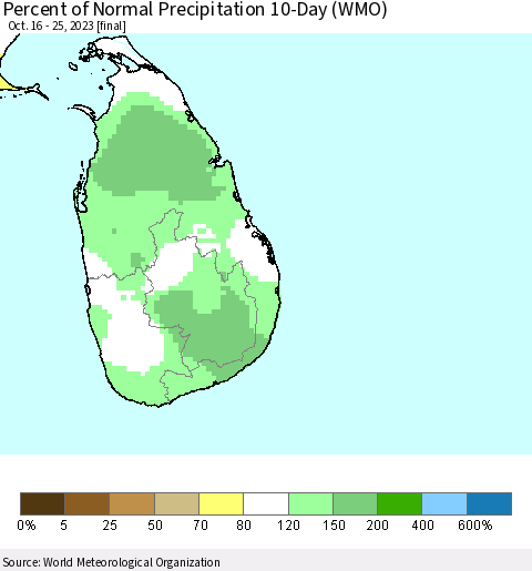 Sri Lanka Percent of Normal Precipitation 10-Day (WMO) Thematic Map For 10/16/2023 - 10/25/2023