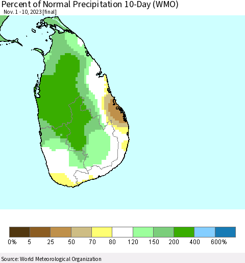 Sri Lanka Percent of Normal Precipitation 10-Day (WMO) Thematic Map For 11/1/2023 - 11/10/2023