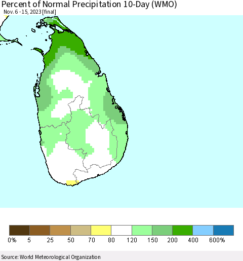 Sri Lanka Percent of Normal Precipitation 10-Day (WMO) Thematic Map For 11/6/2023 - 11/15/2023