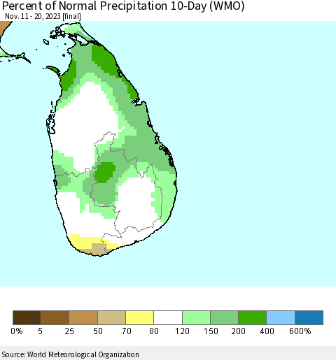 Sri Lanka Percent of Normal Precipitation 10-Day (WMO) Thematic Map For 11/11/2023 - 11/20/2023
