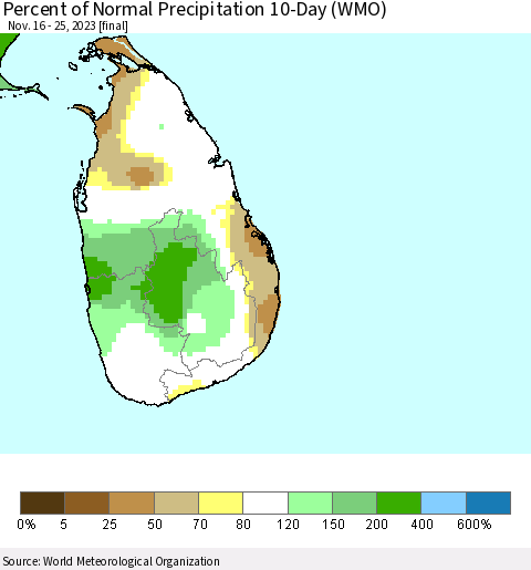 Sri Lanka Percent of Normal Precipitation 10-Day (WMO) Thematic Map For 11/16/2023 - 11/25/2023