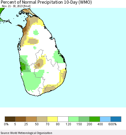 Sri Lanka Percent of Normal Precipitation 10-Day (WMO) Thematic Map For 11/21/2023 - 11/30/2023