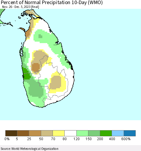 Sri Lanka Percent of Normal Precipitation 10-Day (WMO) Thematic Map For 11/26/2023 - 12/5/2023