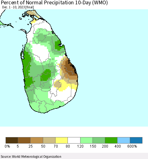 Sri Lanka Percent of Normal Precipitation 10-Day (WMO) Thematic Map For 12/1/2023 - 12/10/2023