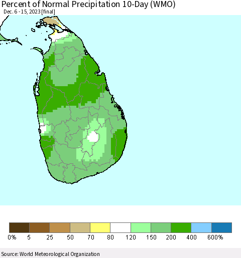 Sri Lanka Percent of Normal Precipitation 10-Day (WMO) Thematic Map For 12/6/2023 - 12/15/2023