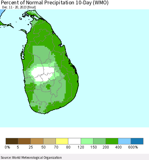 Sri Lanka Percent of Normal Precipitation 10-Day (WMO) Thematic Map For 12/11/2023 - 12/20/2023
