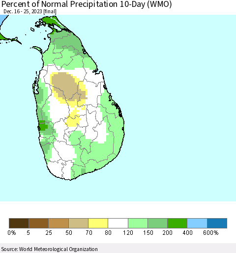 Sri Lanka Percent of Normal Precipitation 10-Day (WMO) Thematic Map For 12/16/2023 - 12/25/2023