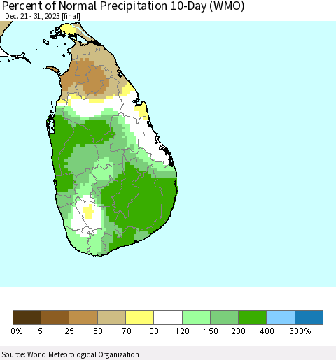 Sri Lanka Percent of Normal Precipitation 10-Day (WMO) Thematic Map For 12/21/2023 - 12/31/2023