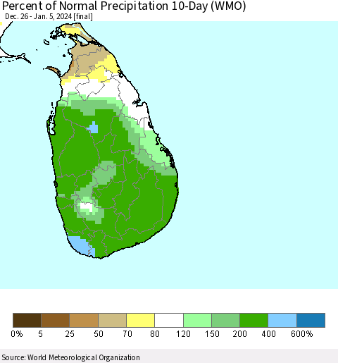 Sri Lanka Percent of Normal Precipitation 10-Day (WMO) Thematic Map For 12/26/2023 - 1/5/2024