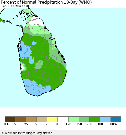 Sri Lanka Percent of Normal Precipitation 10-Day (WMO) Thematic Map For 1/1/2024 - 1/10/2024