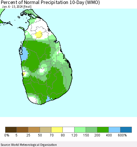 Sri Lanka Percent of Normal Precipitation 10-Day (WMO) Thematic Map For 1/6/2024 - 1/15/2024