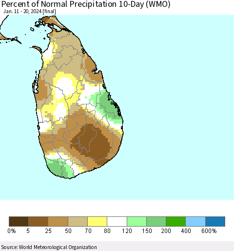 Sri Lanka Percent of Normal Precipitation 10-Day (WMO) Thematic Map For 1/11/2024 - 1/20/2024