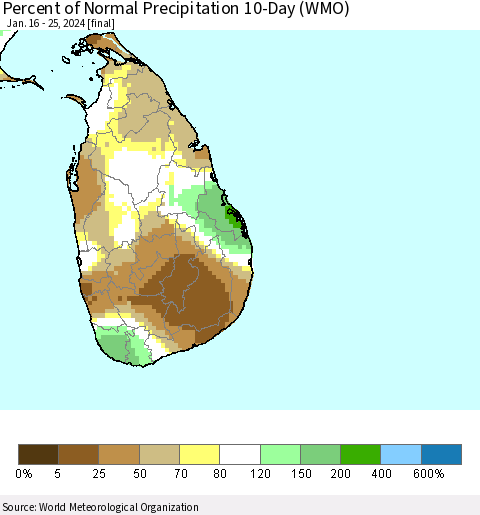 Sri Lanka Percent of Normal Precipitation 10-Day (WMO) Thematic Map For 1/16/2024 - 1/25/2024