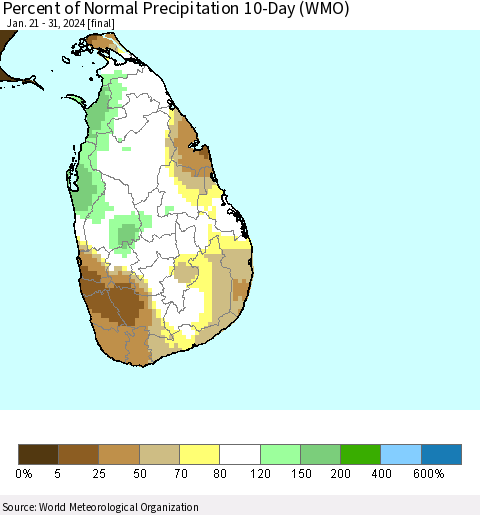 Sri Lanka Percent of Normal Precipitation 10-Day (WMO) Thematic Map For 1/21/2024 - 1/31/2024