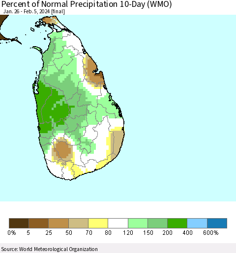 Sri Lanka Percent of Normal Precipitation 10-Day (WMO) Thematic Map For 1/26/2024 - 2/5/2024