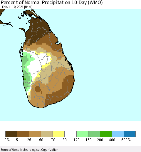 Sri Lanka Percent of Normal Precipitation 10-Day (WMO) Thematic Map For 2/1/2024 - 2/10/2024