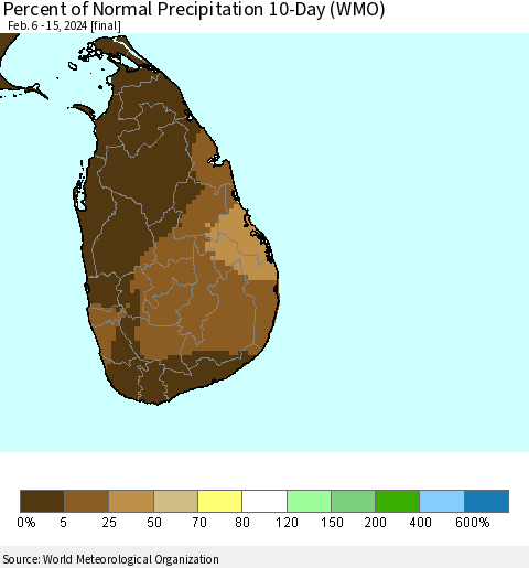 Sri Lanka Percent of Normal Precipitation 10-Day (WMO) Thematic Map For 2/6/2024 - 2/15/2024