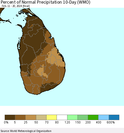 Sri Lanka Percent of Normal Precipitation 10-Day (WMO) Thematic Map For 2/11/2024 - 2/20/2024