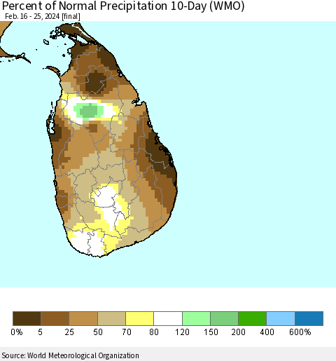Sri Lanka Percent of Normal Precipitation 10-Day (WMO) Thematic Map For 2/16/2024 - 2/25/2024