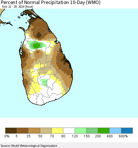 Sri Lanka Percent of Normal Precipitation 10-Day (WMO) Thematic Map For 2/21/2024 - 2/29/2024