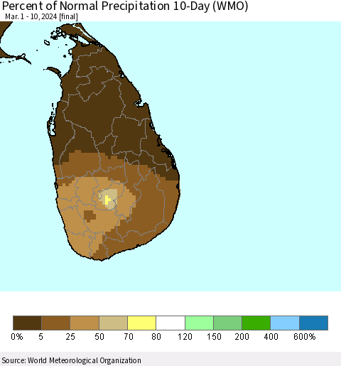 Sri Lanka Percent of Normal Precipitation 10-Day (WMO) Thematic Map For 3/1/2024 - 3/10/2024