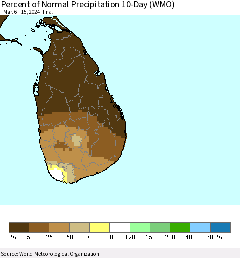 Sri Lanka Percent of Normal Precipitation 10-Day (WMO) Thematic Map For 3/6/2024 - 3/15/2024