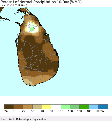Sri Lanka Percent of Normal Precipitation 10-Day (WMO) Thematic Map For 3/11/2024 - 3/20/2024